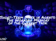 A friendly futuristic robot manages a compact ring of glowing task-state icons, while blurred transcript panels fade into the background, visualizing short-term state as focused working memory for the current AI agent task.