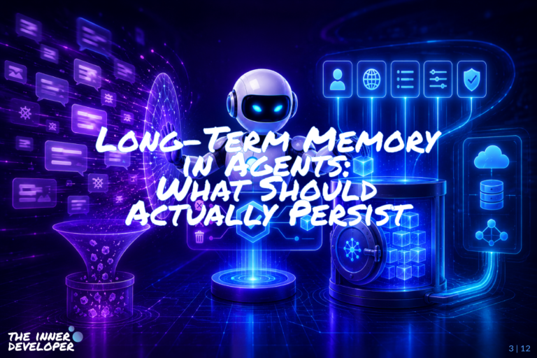 03-long-term-memory-in-agents A futuristic robot carefully filters digital information, rejecting noisy chat fragments on the left while storing selected, verified memory blocks in a secure glowing vault on the right, illustrating selective long-term memory in AI agents.