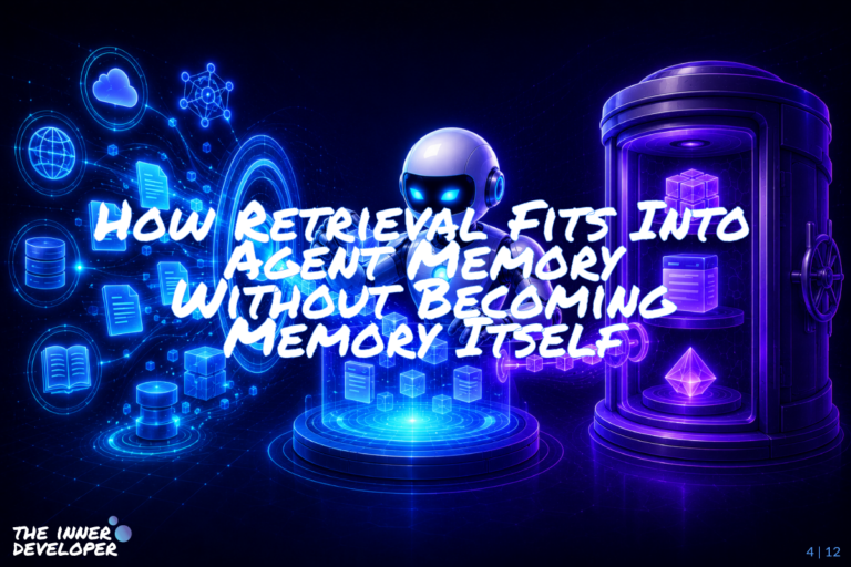 04-retrieval A futuristic robot stands between a glowing retrieval portal and a secure memory vault, selecting data cubes from live external sources such as documents, databases, cloud systems, and the web, while only a few chosen pieces flow into long-term storage, illustrating that retrieval supports agent memory without becoming memory itself.