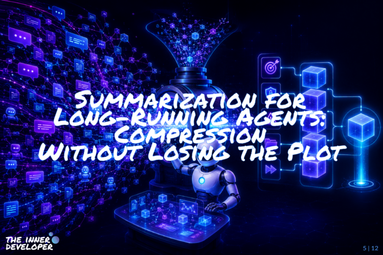 05-long-running-agents A futuristic robot oversees a stream of glowing chat bubbles, notes, and data fragments flowing into a large compression machine, which condenses the chaos into a smaller set of structured cubes and organized task-state blocks, illustrating summarization for long-running AI agents without losing important context.