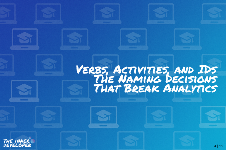 w04-verbs-activities-ids The text: Verbs, Activities, and IDs: The Naming Decisions That Break Analytics on a colorful image with a pattern of laptops