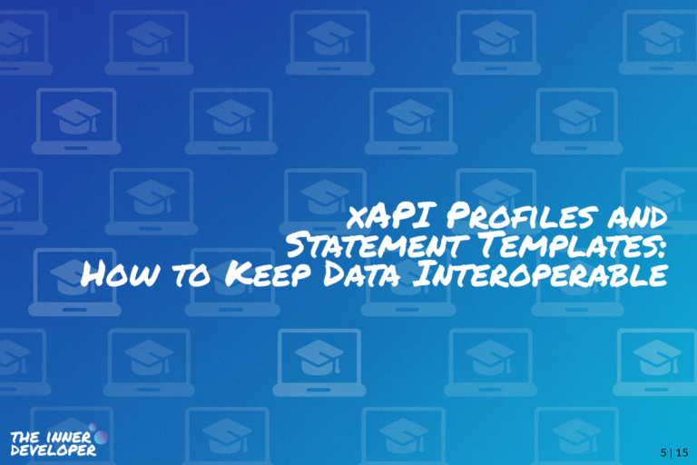 w05-xapi-profiles-and-statement-templates The text: xAPI Profiles and Statement Templates: How to Keep Data Interoperables on a colorful image with a pattern of laptops