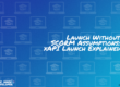 The text: Launch Without SCORM Assumptions: xAPI Launch Explained on a colorful image with a pattern of laptops