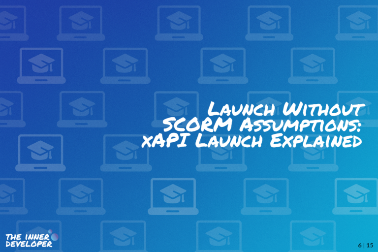 w06-xapi-launch-explained The text: Launch Without SCORM Assumptions: xAPI Launch Explained on a colorful image with a pattern of laptops
