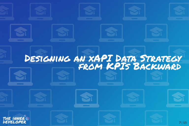 w07-xapi-data-strategy-from-kpis The text: Designing an xAPI Data Strategy from KPIs Backward on a colorful image with a pattern of laptops