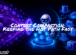 A futuristic robot stands at the center of a glowing blue platform, compacting a flood of purple chat bubbles, logs, and data fragments into a small set of bright structured cubes, while external storage icons on the right show databases, cloud files, archives, and a secure vault, illustrating context compaction and a fast hot path for AI agents.