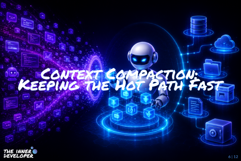 06-context-compaction A futuristic robot stands at the center of a glowing blue platform, compacting a flood of purple chat bubbles, logs, and data fragments into a small set of bright structured cubes, while external storage icons on the right show databases, cloud files, archives, and a secure vault, illustrating context compaction and a fast hot path for AI agents.