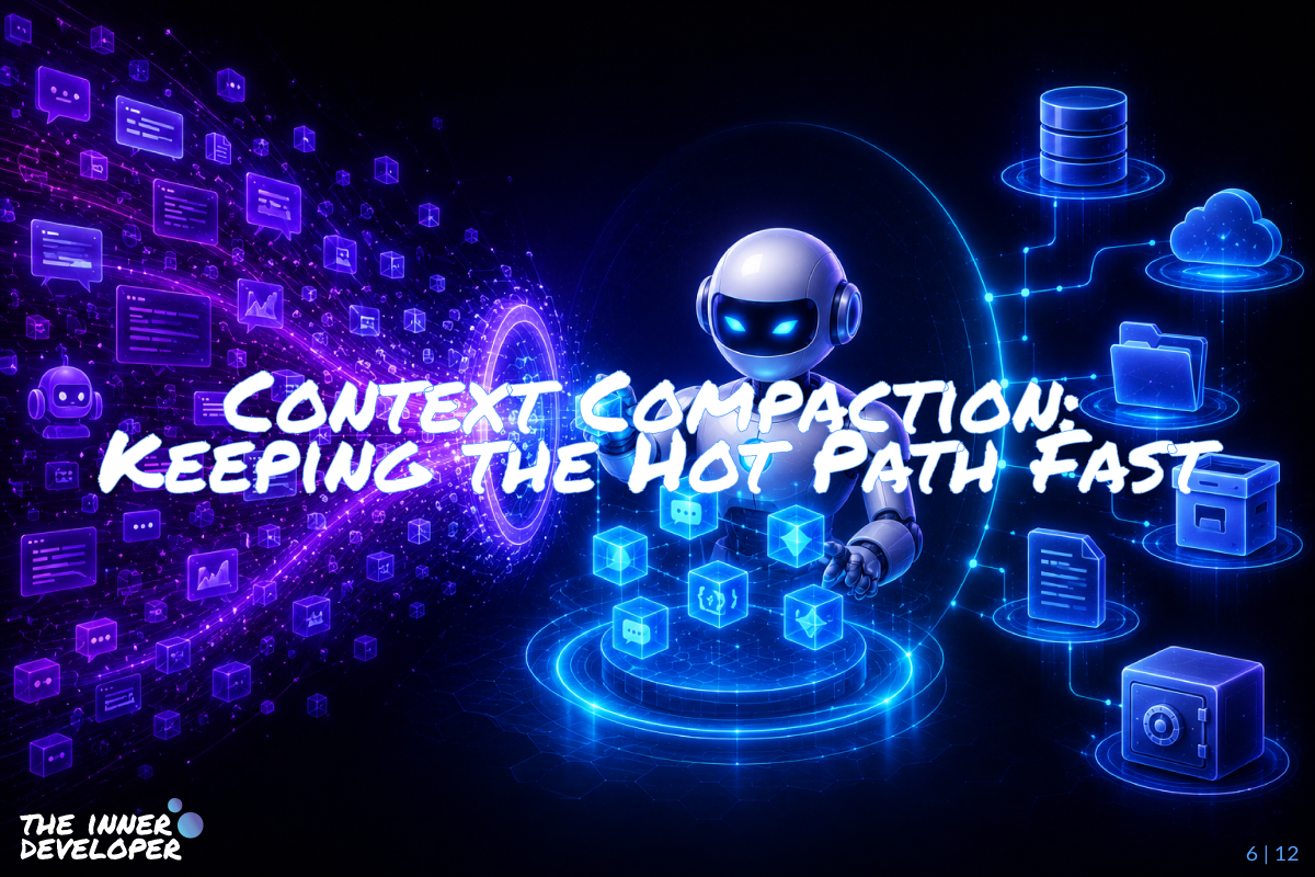 A futuristic robot stands at the center of a glowing blue platform, compacting a flood of purple chat bubbles, logs, and data fragments into a small set of bright structured cubes, while external storage icons on the right show databases, cloud files, archives, and a secure vault, illustrating context compaction and a fast hot path for AI agents.