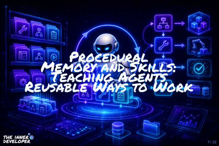 07-procedural-memory-and-skills A futuristic robot assembles glowing blue and violet workflow cubes at the center of a digital workspace, while shelves of reusable skill modules and step-by-step process panels surround it, illustrating procedural memory as reusable methods that help AI agents follow consistent workflows.
