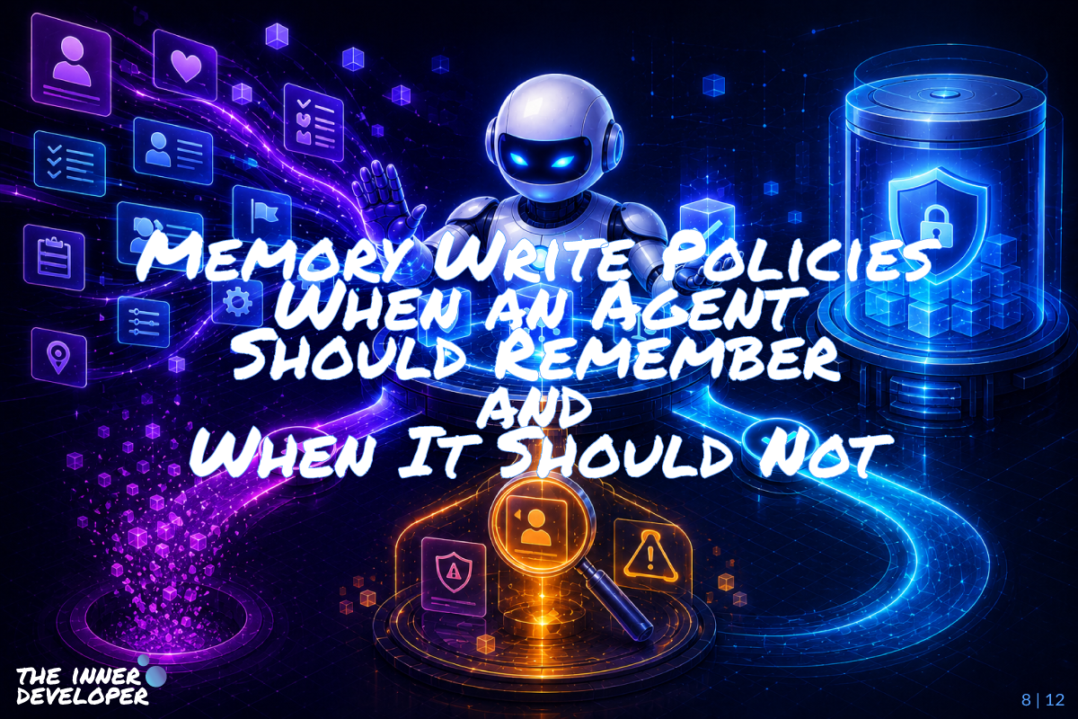 08-memory-write-policies A futuristic robot stands over a glowing decision platform, filtering incoming memory candidates and routing them into three paths: discarded items on the left, flagged items for review below, and approved memories flowing into a secure vault on the right, illustrating memory write policies and when an AI agent should remember or not remember information.