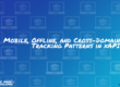 The text: Mobile, Offline, and Cross-Domain Tracking Patterns in xAPI on a colorful image with a pattern of laptops